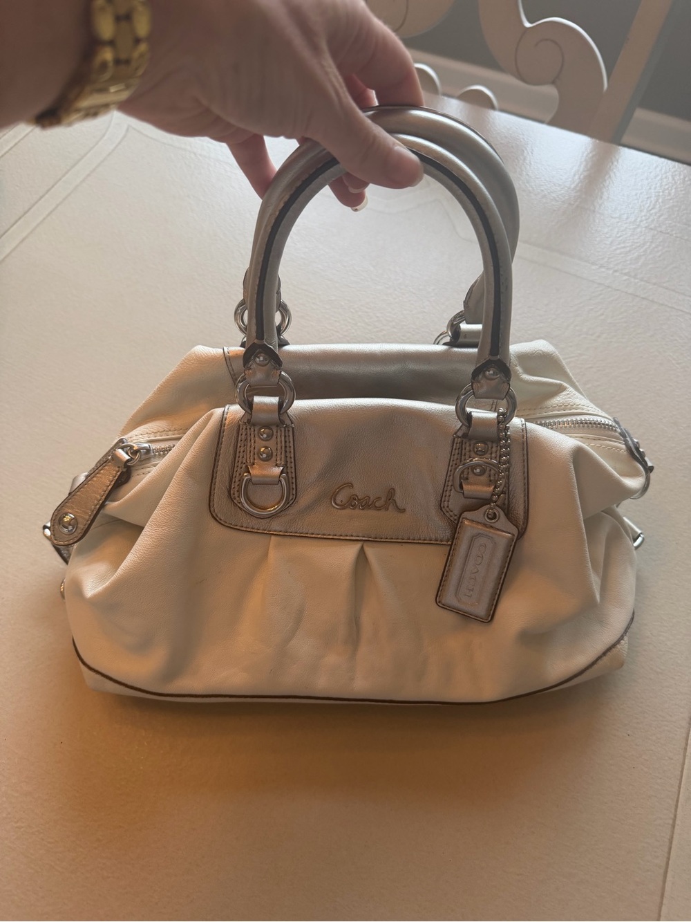 Coach White and Silver Leather Satchel